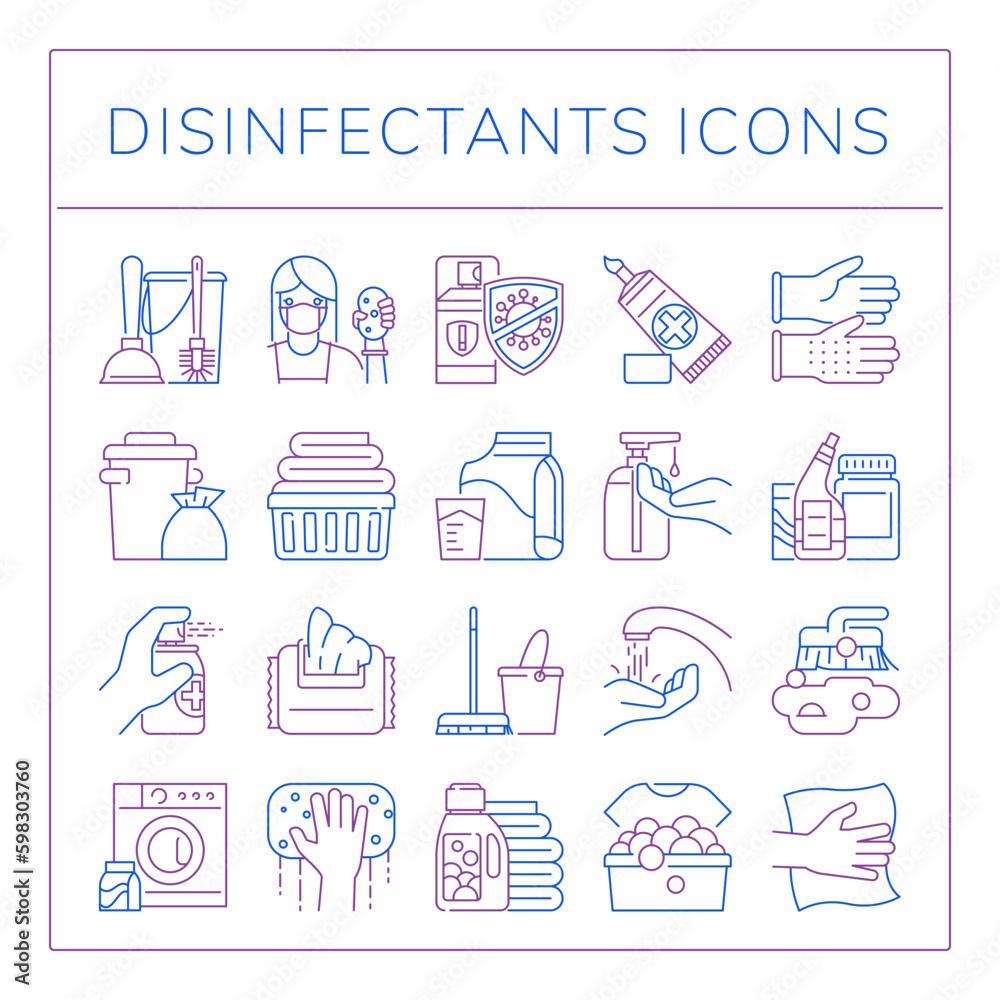Household cleaning service line icons. Disinfect hand spray. Antibacterial cleaner bottle. Laundry washer. Covid virus detergent. Coronavirus hygiene. Vector cleanup outline strokes set Household cleaning service line icons. Disinfect hand spray. Antibacterial cleaner bottle. Laundry washer. Covid virus detergent. Coronavirus hygiene. Vector cleanup outline strokes set