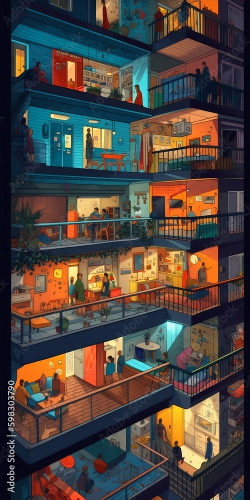 Illuminated Interior Colorful Apartment at Night with Many Balconies. Generative ai