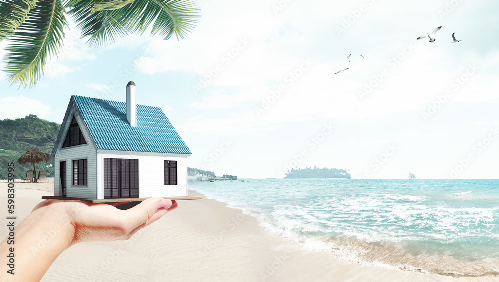 Moving to island. Female hand holding 3D model of small comfortable house against beach, palms and ocean background. Concept of real estate, buying house, mortgage, ownership, business - obrazy, fototapety, plakaty 