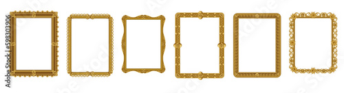Gold picture frame. Realistic border for images. Old golden ornament for photo, luxury royal wood decor for museum, square decorative vintage frameworks. 3d isolated vector exact elegant set