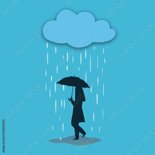 people holding umbrellas because of rain on blue background