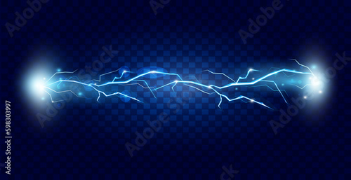 Lightning storm energy, thunder power. Blue spark, shock electric effect, bright glowing flash thunderbolt, charge light rays. Thunderstorm blitz. Vector recent 3d illustration