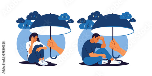 Supporting depressed crying people under stress. Psychotherapy and mental issues. Support and aid for people under stress and depression concept. Vector illustration.