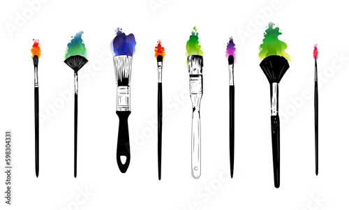 Artist paintbrush, watercolor brush art. Hand drawn bright paint and palette, oil painter, color tassel for students work. Black drawing stationery. Vector tidy isolated illustration set
