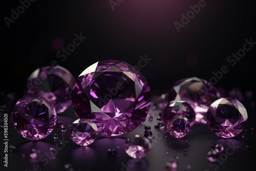 3D-rendered round purple gems   diamond groups on glossy background. Generative AI