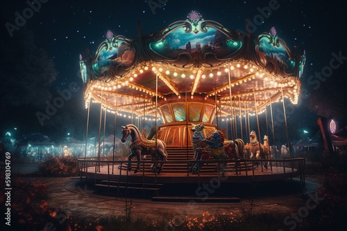 Carousel under the stars with bright, colorful lights. Generative AI
