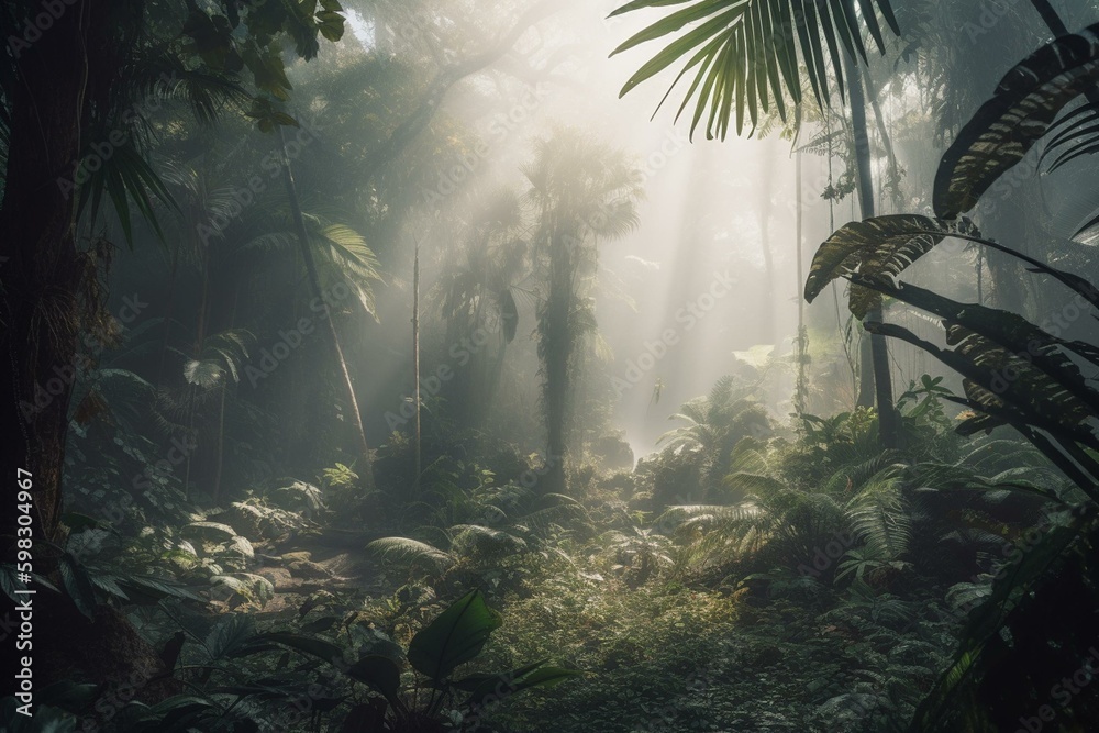 Misty morning jungle with swaying palms portrayed in 3D. Generative AI