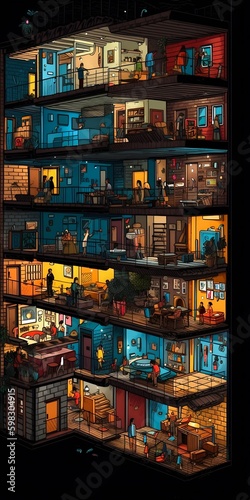 Illuminated Interior Colorful Apartment at Night with Many Balconies. Generative ai © Scrudje