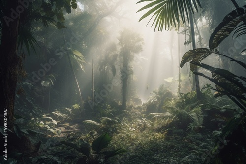 Misty morning jungle with swaying palms portrayed in 3D. Generative AI