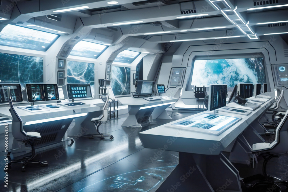 Futuristic interior of a laboratory or scientific station on a planet. Created with Generative AI technology.
