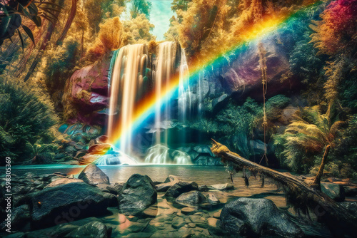 Magical psychedelic landscape  with a waterfall  colorful plants and a rainbow. Created with Generative AI technology.