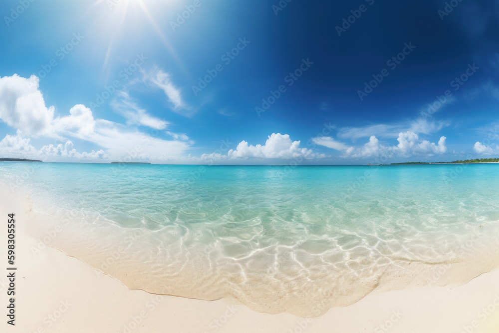 Obraz premium Tropical beach with blue sky and white clouds background. Summer vacation and travel concept. Generative ai.