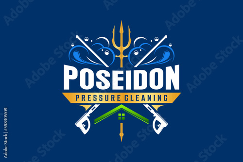 Water presure jet cleaner logo design poseidon trident illustration
