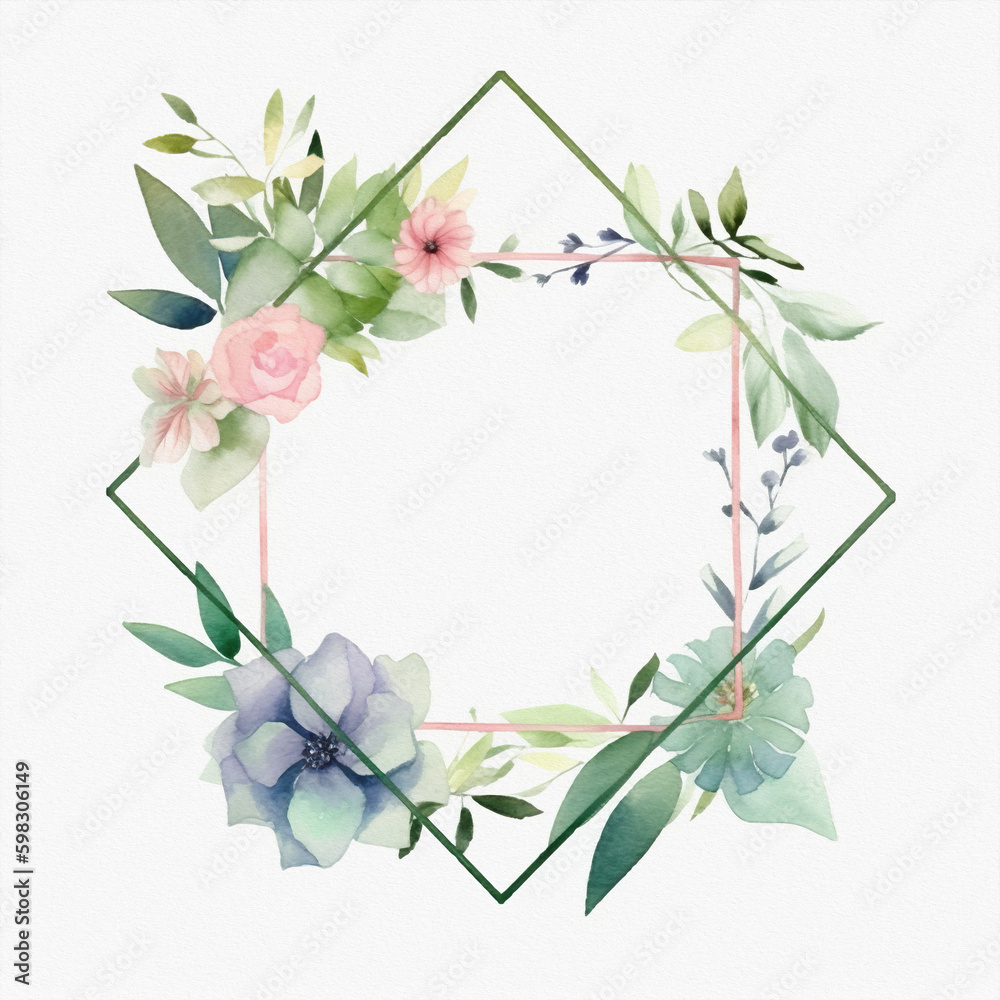 Fototapeta premium Cute steel frame, pastel colors, flowers, watercolor illustration