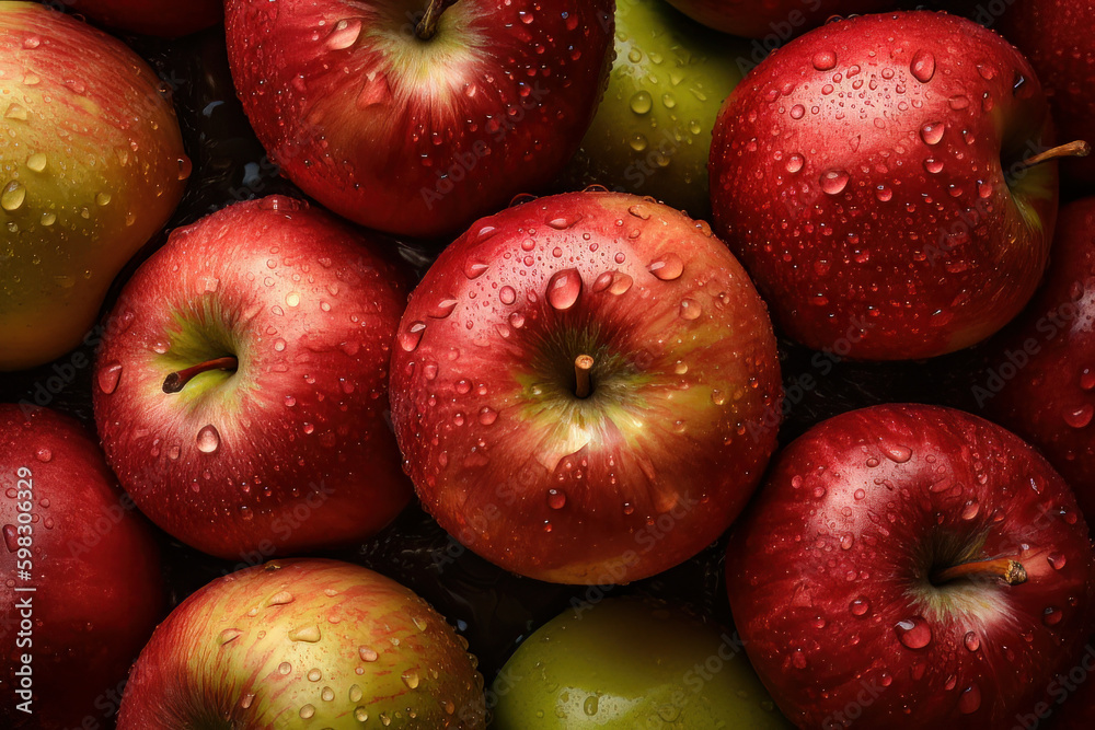 Fresh apples with water droplets adorned on the surface. Created with Generative AI Technology. Fresh apples with water droplets adorned on the surface. Created with Generative AI Technology.