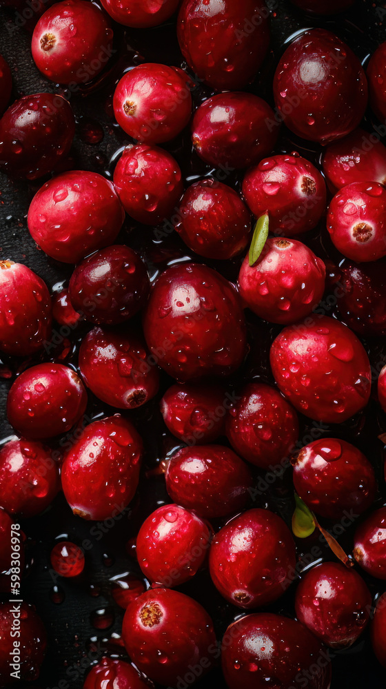 Fresh cranberries with water droplets adorned on the surface. Created with Generative AI Technology. Fresh cranberries with water droplets adorned on the surface. Created with Generative AI Technology.