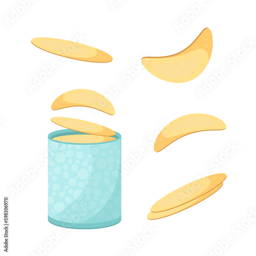Chips in a container, tube. Pieces, slices. Vector set