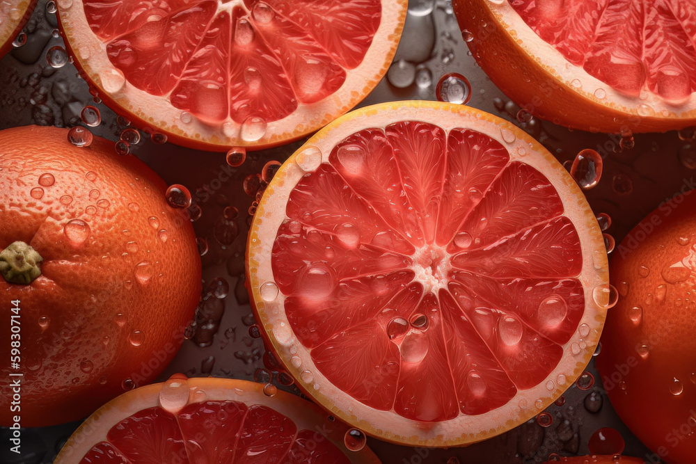 Fresh grapefruit sections with water droplets adorned on the surface. Created with Generative AI Technology. Fresh grapefruit sections with water droplets adorned on the surface. Created with Generative AI Technology.