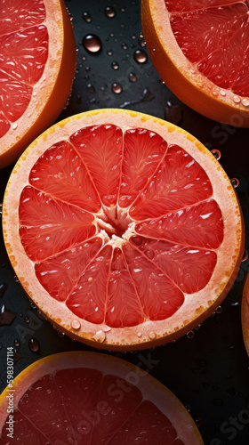 Fresh grapefruit sections with water droplets adorned on the surface. Created with Generative AI Technology. 