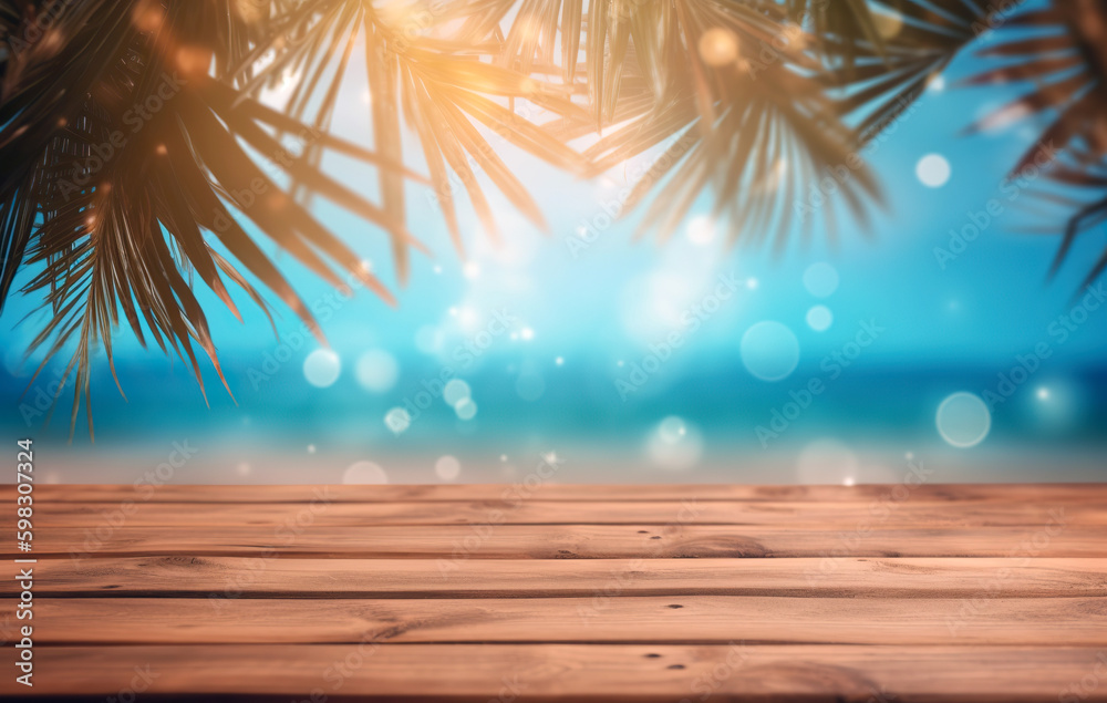 Wood table top and blurred summer beach and sky background. - can used for display or montage your products. AI Wood table top and blurred summer beach and sky background. - can used for display or montage your products. AI