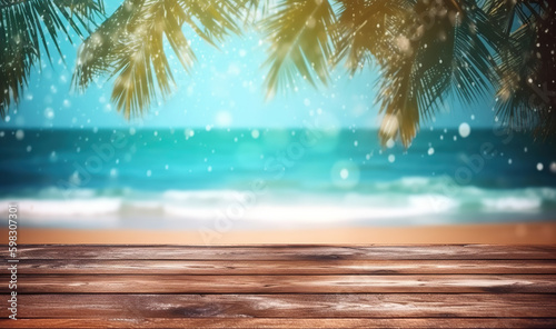 Wood table top and blurred summer beach and sky background. - can used for display or montage your products. AI