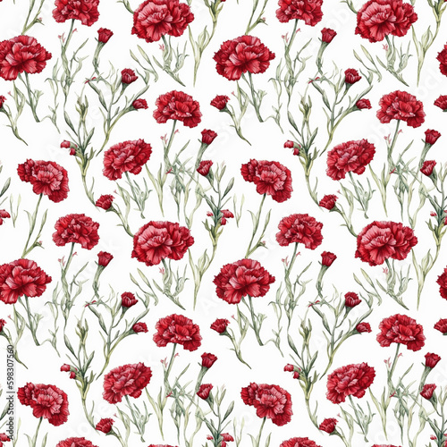Seamless pattern with many red carnations on white background in watercolor style. Generative AI.