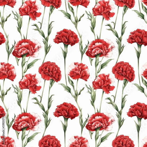 Seamless pattern with many red carnations on white background in watercolor style. Generative AI.