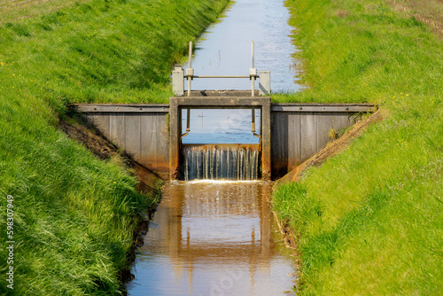 Irrigation concept, A small canal or ditch with little dam or water barrier for agriculture, Farmland in countryside of Holland with green grass meadow, Dutch water management system, Netherlands. photo