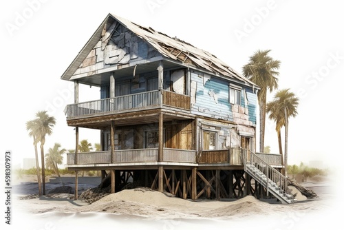 Illustration of a hurricane-damaged beach house. Isolated on white. Generative AI