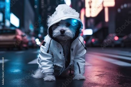cute white puppy dog wearing futuristic outfit on cyberpunk neon city street, Generative AI
