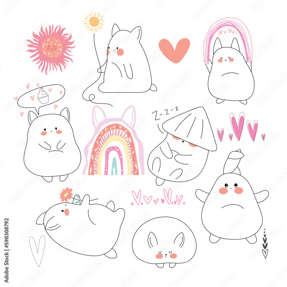 Rabbit set. Cute rabbit in kawaii style and rainbows, sun, hearts, flower.Vector illustration. Rabbit set. Cute rabbit in kawaii style and rainbows, sun, hearts, flower.Vector illustration.