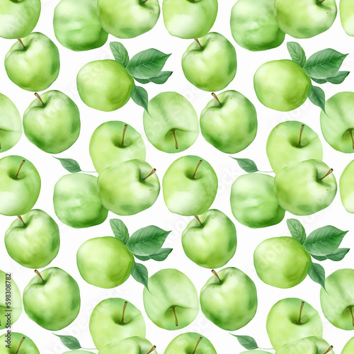 Seamless pattern with many green apples on white background in watercolor style. Generative AI.