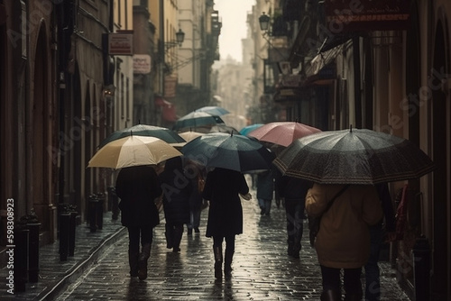 People walking on city streets with umbrellas on a rainy day. Ai generated. © ankreative