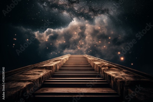 A symbol of hope: a staircase leading to light in a dark sky, representing a religious path to success and heaven. Generative AI