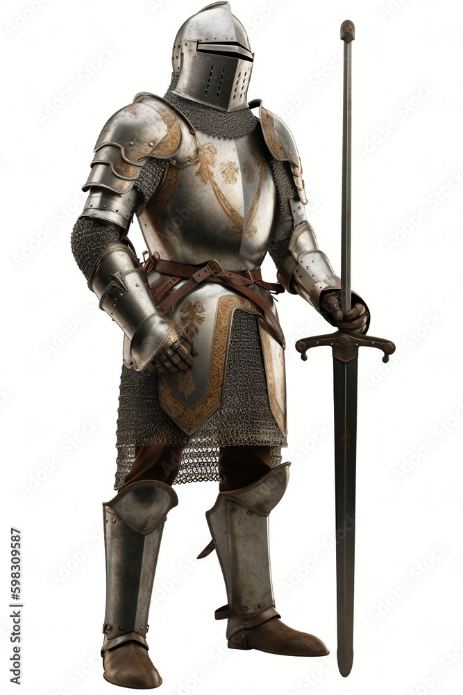 Front view of medieval crusader knight helmet, isolated on white background, created with generative AI