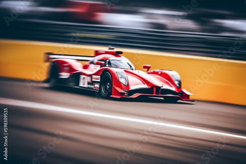 A speedy race car competes in a motor sports team. Blurry motion background. Generative AI © Jovana