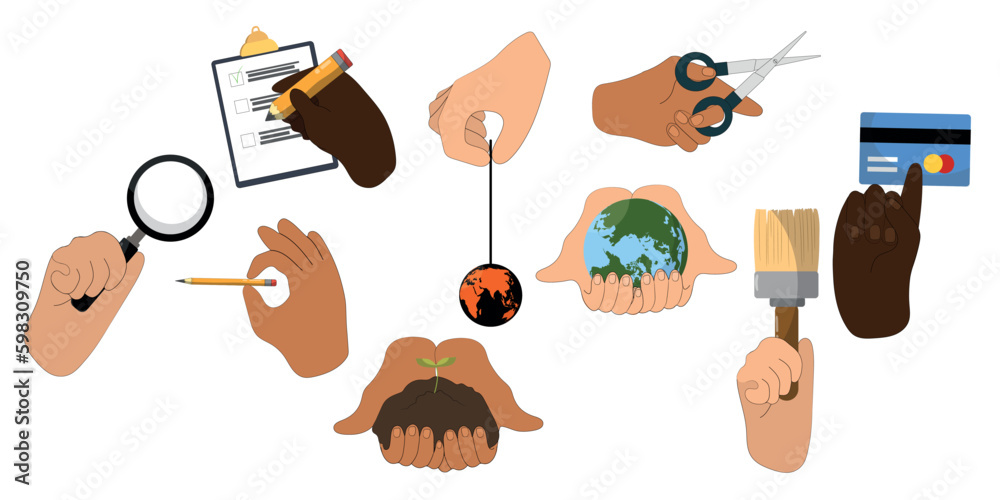 The hands hold: earth, a plant, a pencil, a notebook, a toy in the form of earth, scissors, card, a brush, a magnifying glass. Vector illustration.