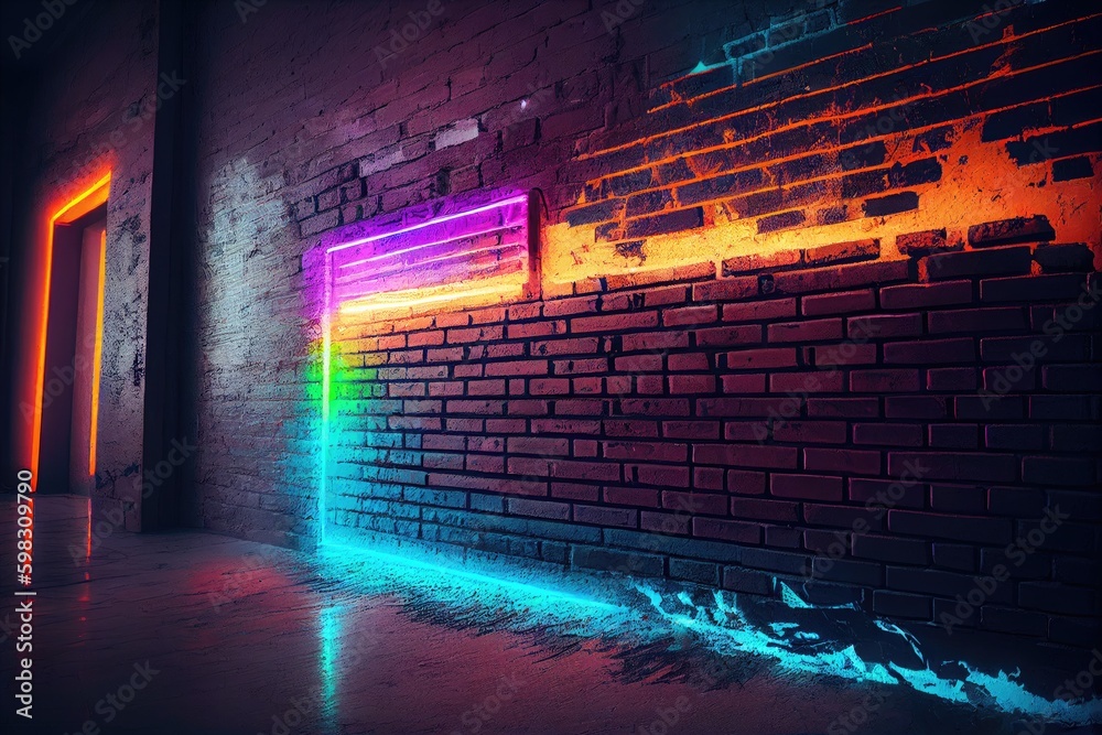 Colorful neon lights in dark room with brick wall