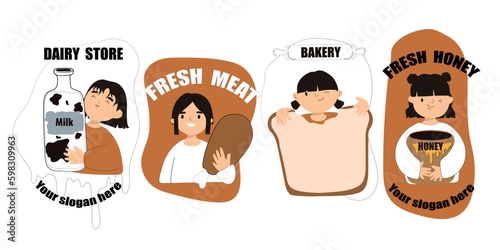 Logo girls with food. Milk, meat, bakery, honey. Vector illustration, logo.