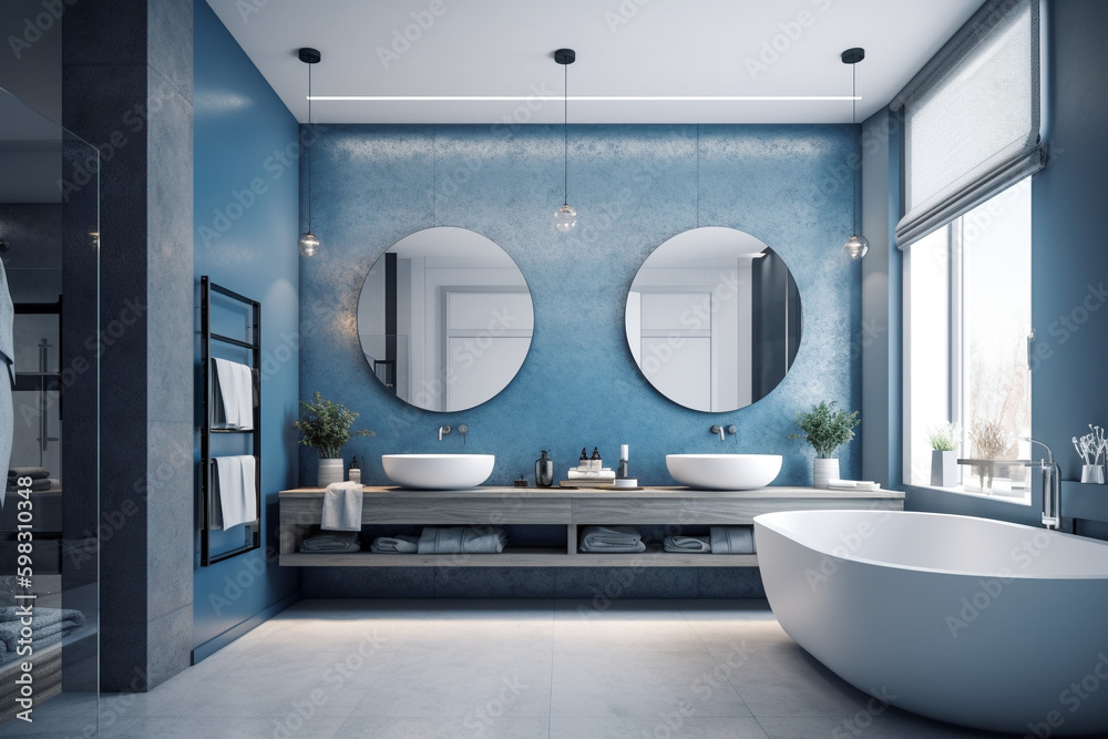 Modern bathroom, clean minimalistic interior design, light blue and white colors. Super photo realistic background, generative ai illustration. Modern bathroom, clean minimalistic interior design, light blue and white colors. Super photo realistic background, generative ai illustration.
