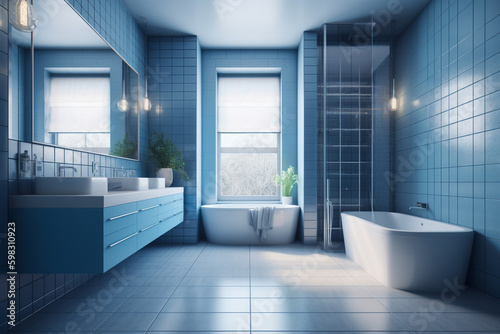  Modern bathroom  clean minimalistic interior design  light blue and white colors. Super photo realistic background  generative ai illustration.
