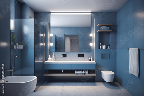  Modern bathroom  clean minimalistic interior design  light blue and white colors. Super photo realistic background  generative ai illustration.