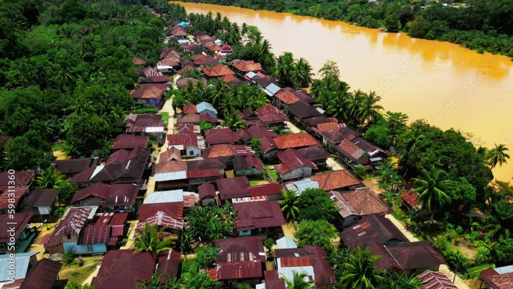 Aerial view of old residential housing beside the river Aerial view of old residential housing beside the river