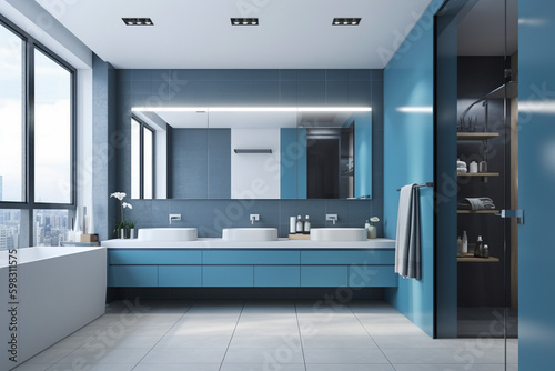  Modern bathroom  clean minimalistic interior design  light blue and white colors. Super photo realistic background  generative ai illustration.