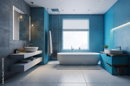  Modern bathroom, clean minimalistic interior design, light blue and white colors. Super photo realistic background, generative ai illustration. © Anna