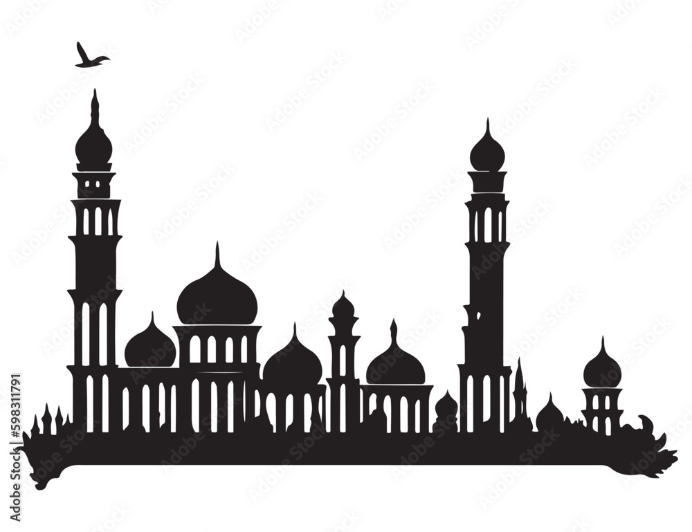 Beautiful mosque vector silhouette isolated on white background Stock