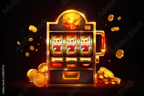 Casino banner slot machine with jackpot and golden coin, generative AI