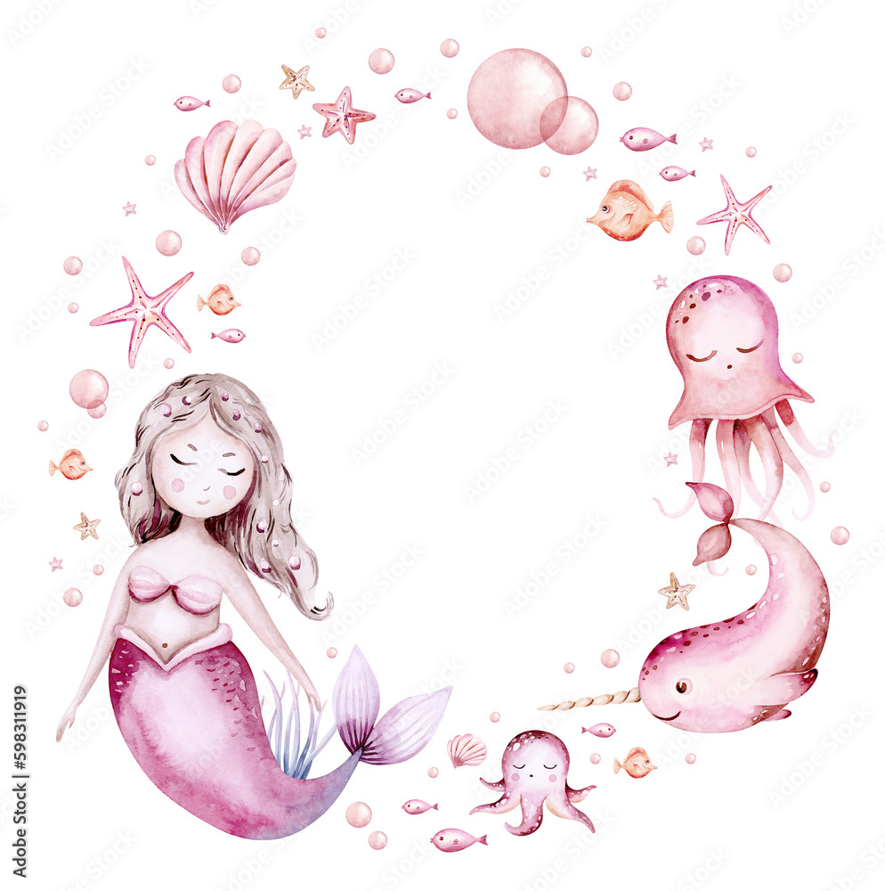 frame of sea animals. Blue watercolor ocean fish wreath, turtle, whale and coral. Shell aquarium mermaid submarine. Nautical dolphin marine illustration, jellyfish, starfish frame of sea animals. Blue watercolor ocean fish wreath, turtle, whale and coral. Shell aquarium mermaid submarine. Nautical dolphin marine illustration, jellyfish, starfish