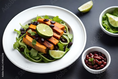 A satisfying salad filled with mixed greens, roasted sweet potato, protein-packed black beans, creamy avocado, and zesty lime vinaigrette. Generated by AI