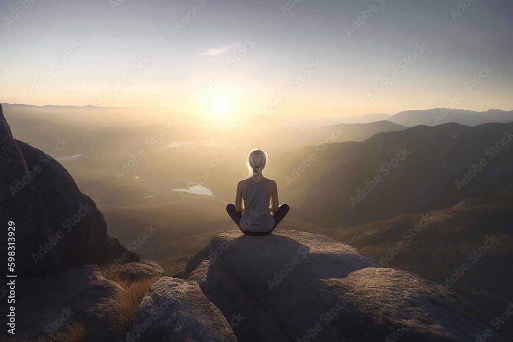 girl from the back doing yoga on the top of the mountain at sunrise, concept of relaxation, generative ai girl from the back doing yoga on the top of the mountain at sunrise, concept of relaxation, generative ai